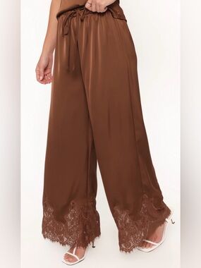 NWT Petal & Pup Chocolate Viola Satin Wide Leg Pants Lace Hem Size Medium Boho
